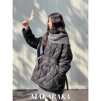通勤菱格系带收腰羽绒服女2025冬季新款宽松显瘦中长款外套上衣