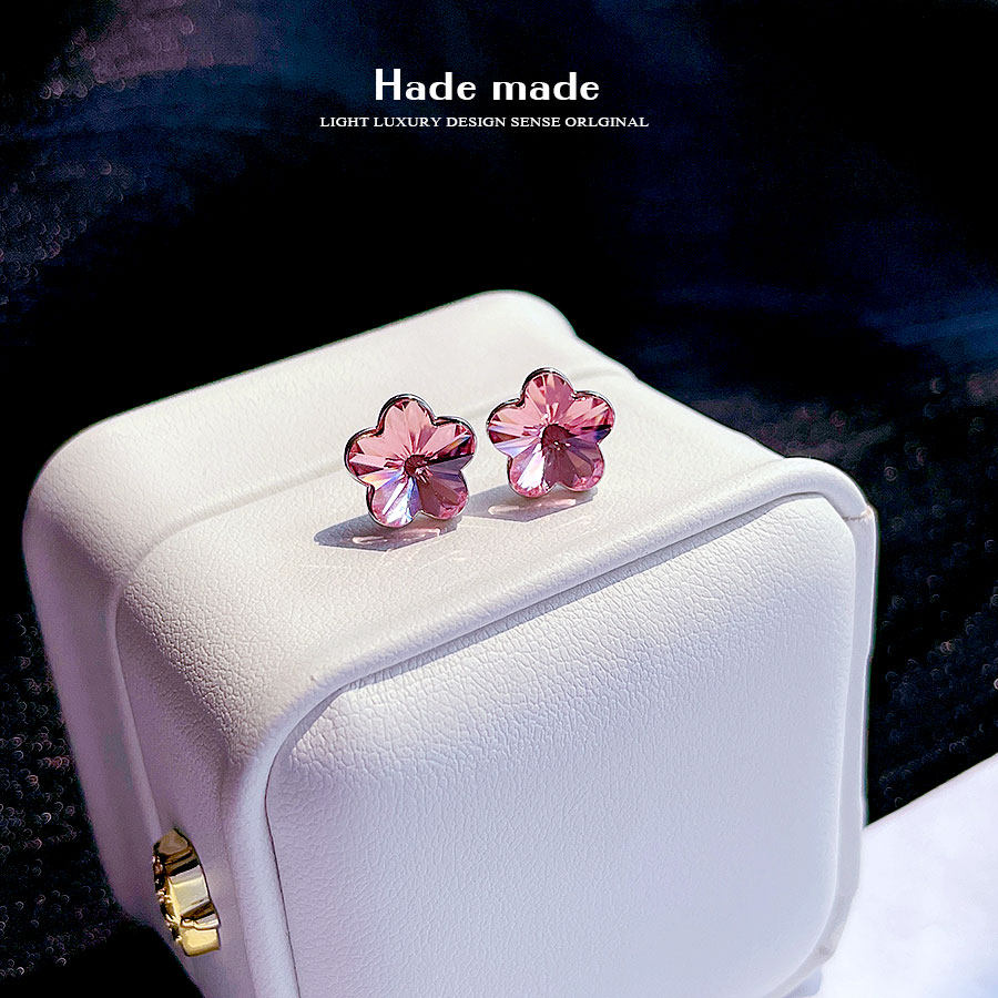 S家奥地利粉色水晶花基础款S925纯银针耳钉简约个性气质长款耳坠