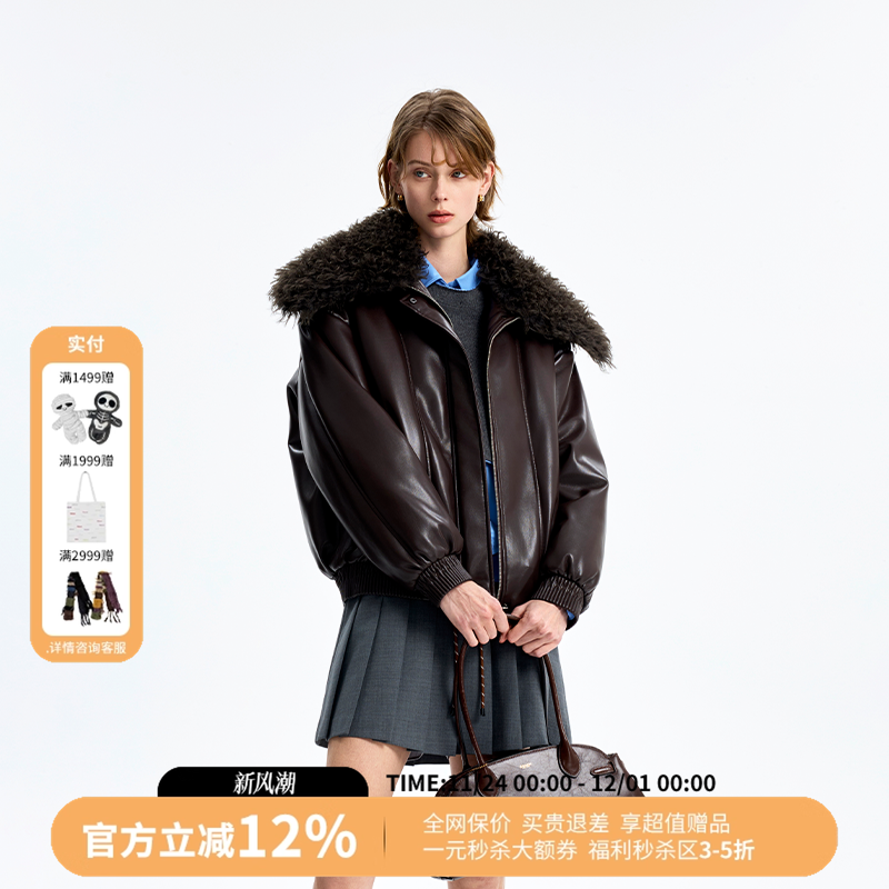 设计师品牌CONCISE WHITE简白短款大毛领皮质夹克棉服外套25新款