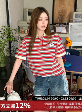 Aimme sparrow休闲百搭条纹Polo领短袖T恤25秋新款