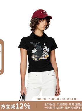 M1DNOTE修身短款毛领拼接印花短袖T恤女26春夏新款