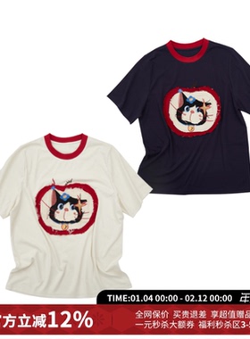 IA WARM AID ING休闲宽松手工贴布猫咪短袖T恤25秋新款