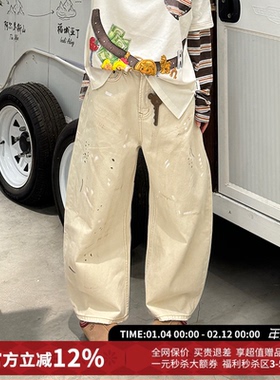 CHEERi UPi休闲宽松豹纹拼接彩绘牛仔长裤女26春夏新款