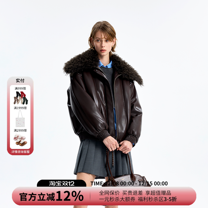 设计师品牌CONCISE WHITE简白短款大毛领皮质夹克棉服外套25新款