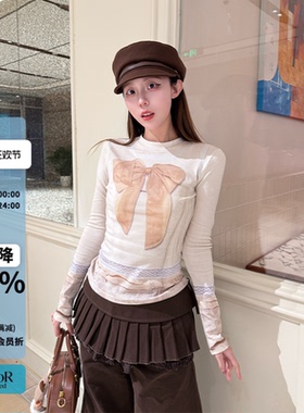 FORDARE福蝶蝴蝶结3D感印花打底长袖T恤女26春夏新款