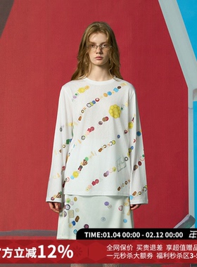 CHEERi UPi休闲纽扣斜条纹满印长袖T恤女26春夏新款