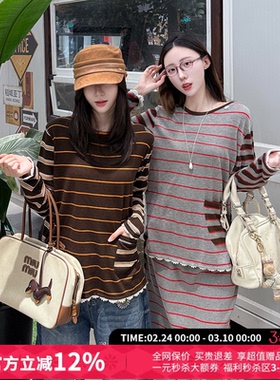 CHEERi UPi复古宽松条纹正反两穿花边长袖毛衫上衣女26春夏新款