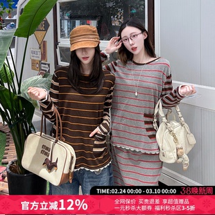 CHEERi UPi复古宽松条纹正反两穿花边长袖毛衫上衣女26春夏新款