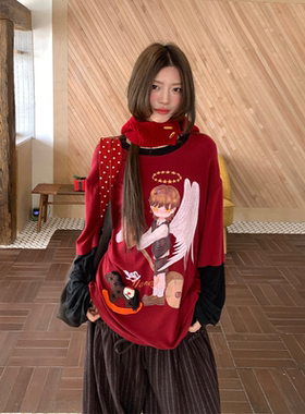 YANAG骑木马的小天使天丝羊毛假两件长袖T恤女26春夏新款