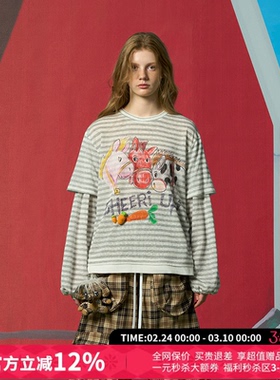 CHEERi UPi休闲宽松三个好马友条纹假两件长袖T恤女26春夏新款