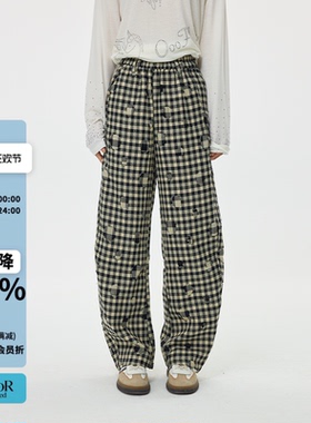 OooFYang格子提花破洞松紧腰休闲长裤女26春夏新款