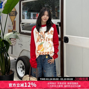 CHEERi UPi宽松百搭马到成功印花圆领套头插肩长袖T恤26春夏新款