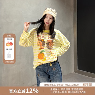 T恤女26春夏新款 CHEERi UPi休闲圆领马到成功印花黄白条纹长袖