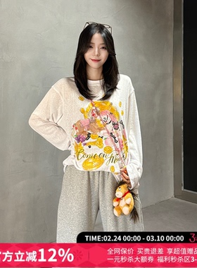 CHEERi UPi宽松百搭马上富印花圆领套头落肩长袖T恤女26春夏新款