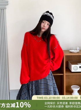 YANAG宽松节奏粗毛线羊毛拉毛V领针织毛衣26春夏新款