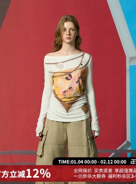 CHEERi UPi休闲丝巾胸巾印花修身斜肩长袖打底T恤女26春夏新款