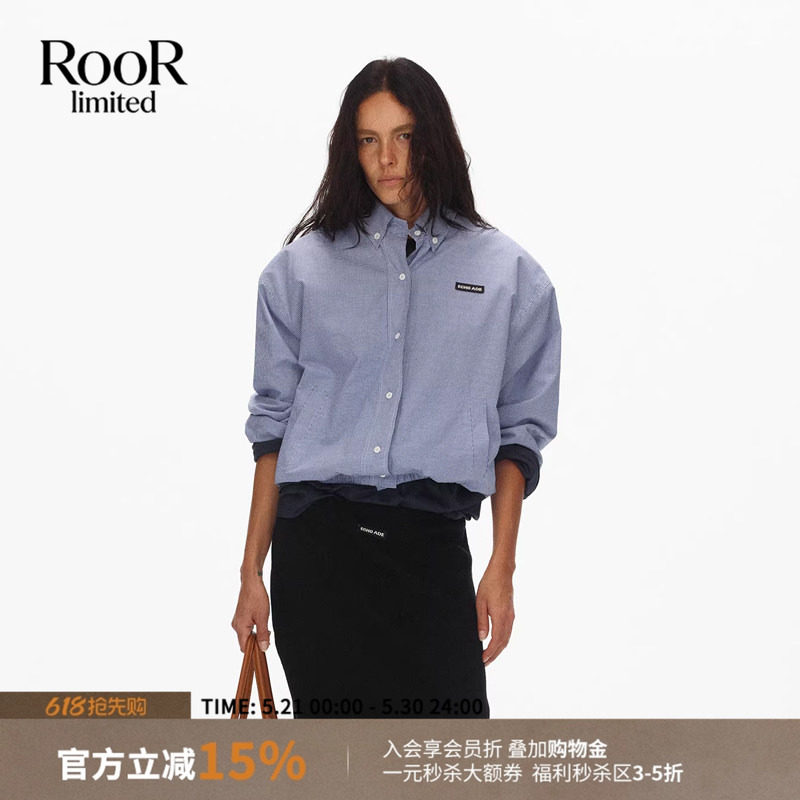 ECHOADE蓝格纹可拆卸垫肩廓形休闲衬衫夹克外套女26春夏新款
