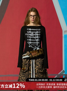 CHEERi UPi盘扣印花拼接一字肩长袖T恤女26春夏新款