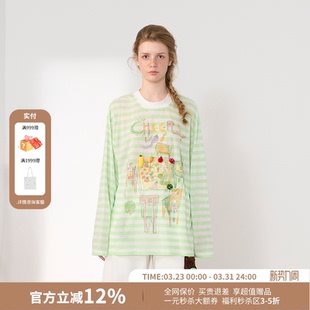 T恤女26春夏新款 蔬菜印花条纹长袖 UPi桌上 CHEERi
