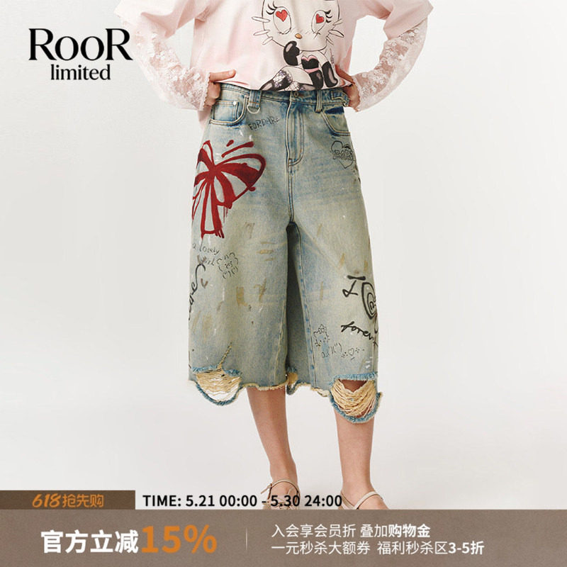 FORDARE福蝶涂鸦感蝴蝶结印花牛仔中裤女26春夏新款