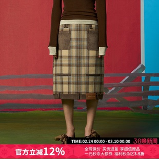 CHEERi UPi复古格纹拼接中长款半身裙女26春夏新款