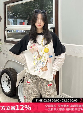 CHEERi UPi宽松百搭财源广进假两件拼蕾丝长袖T恤女26春夏新款