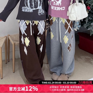 CHEERi UPi马赛克菱形格羊毛抽绳长裤女26春夏新款