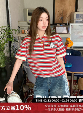 Aimme sparrow休闲百搭条纹Polo领短袖T恤25秋新款