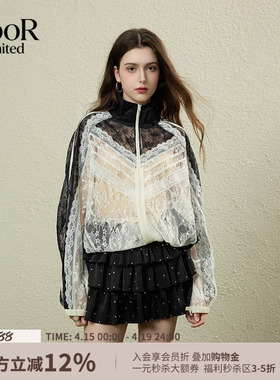 OooFYang休闲宽松薄款拼色蕾丝拉链外套女26春夏新款