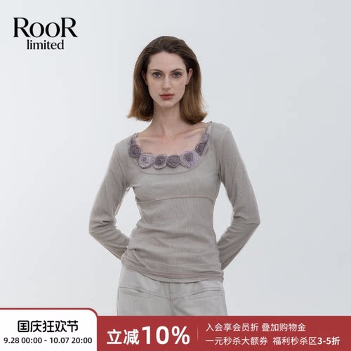 繁花绣双层纱圆领长袖女T恤