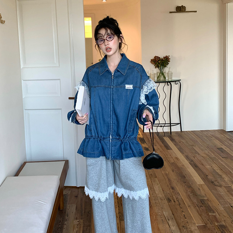 AndAnything牛仔蕾丝风衣外套