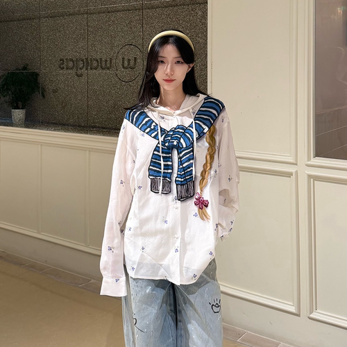 福蝶手绘绑结碎花连帽衬衫春夏
