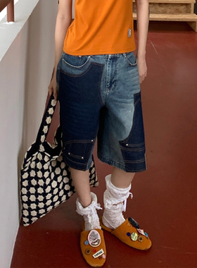 YANAG宽松休闲倒装牛仔深浅拼接中裤女26春夏新款