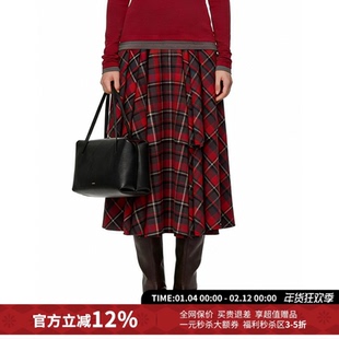 M1DNOTE复古时尚格纹百褶中长款半身裙女26春夏新款