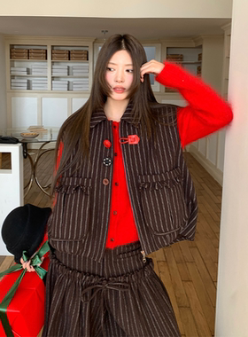 YANAG报童的差事咖白条纹呢马甲外套女26春夏新款