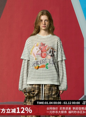 CHEERi UPi休闲宽松三个好马友条纹假两件长袖T恤女26春夏新款