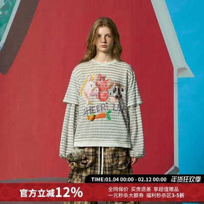 CHEERi UPi休闲宽松三个好马友条纹假两件长袖T恤女26春夏新款