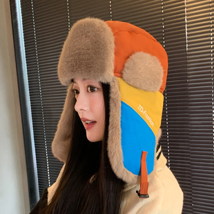 彩色棉帽子女冬季 加厚护耳东北防寒防水火车头拼色保暖冬天雷锋帽