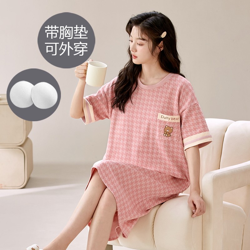 夏季纯棉短袖睡裙女韩版自带胸垫睡裙