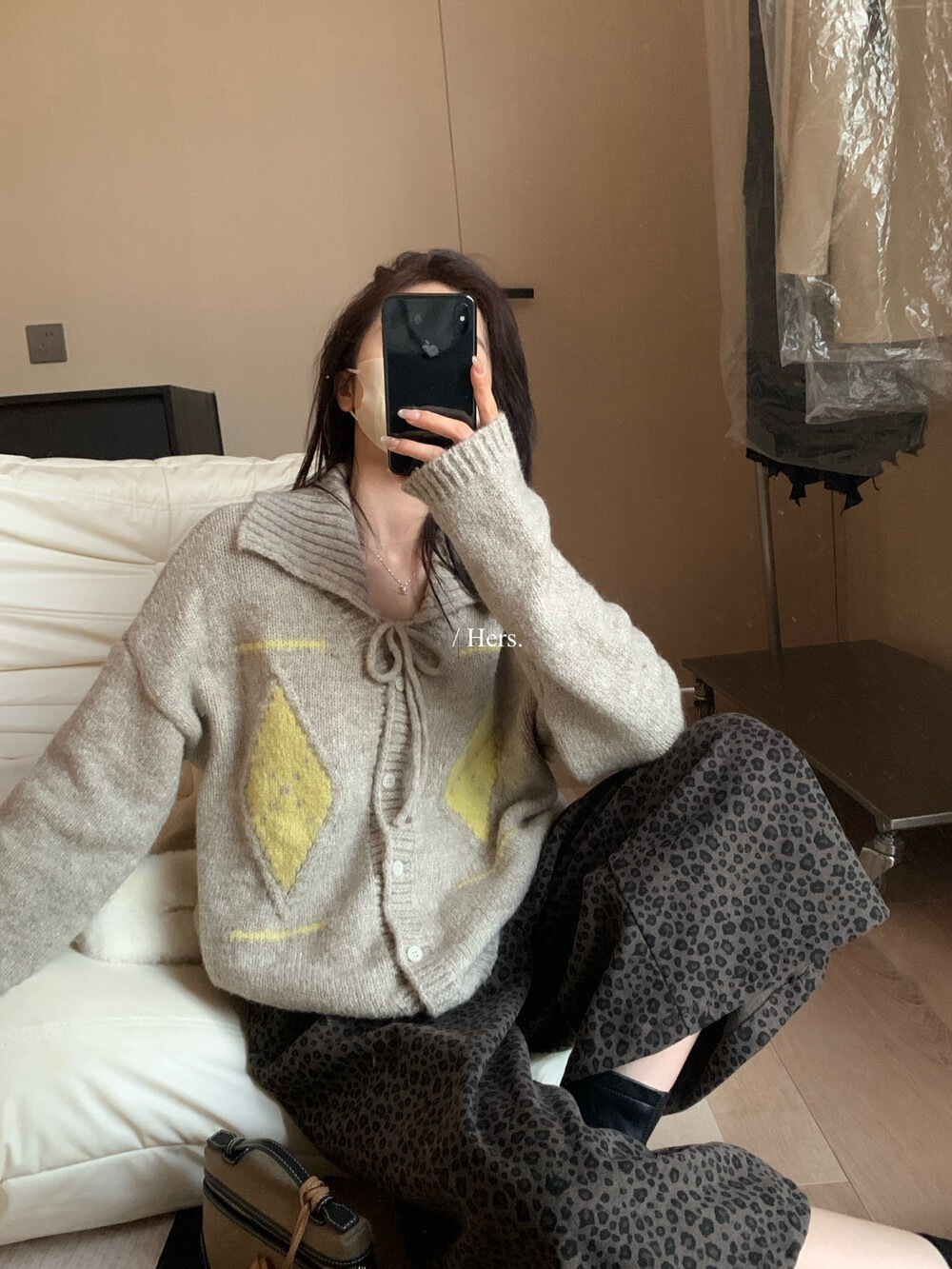 WANXIXI【姜饼人】韩系复古翻领菱形格子毛衣女宽松显瘦百搭针织