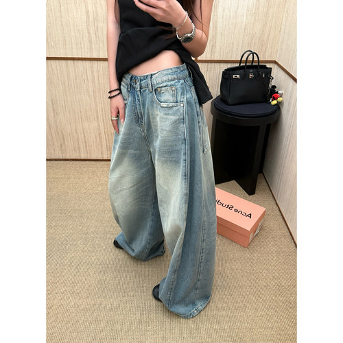 Here yaya shop 中古vintage时髦精水洗洋气重工砂洗阔腿牛仔裤