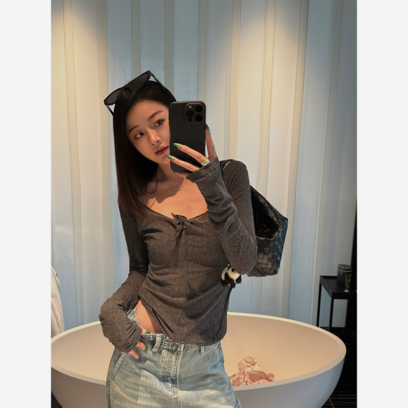 Here yaya shop 云朵芝士温柔纱纱质感正反两穿长袖u领蝴蝶结t恤