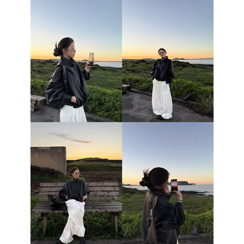 Here yaya shop 8.10 微醺苦巧质感超绝蛋白pu皮茧型立领帅气皮衣