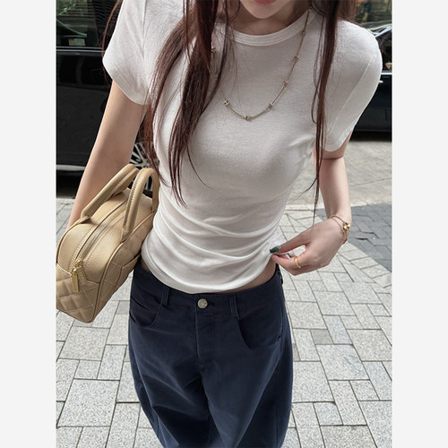 Here yaya shop 必入纸片人软绵绵醋酸桑蚕丝天丝圆领t恤女