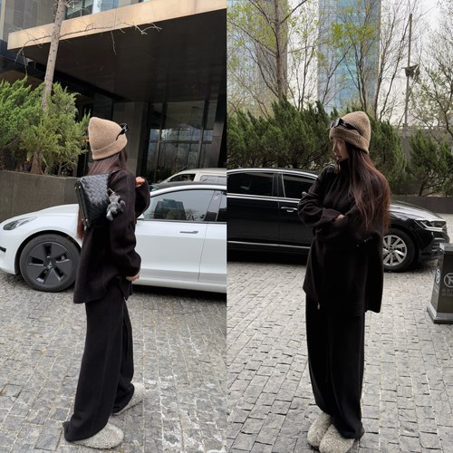 Here yaya shop 松弛密码冷淡随意感纸片人羊毛毛衣套装可机洗