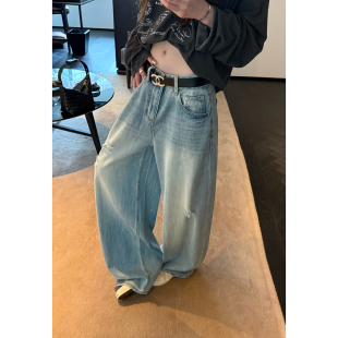 Here yaya shop松弛假日慵懒时髦街头感撕破感经典水洗蓝直筒牛仔