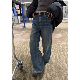 yaya 直筒薄绒牛仔裤 shop 主义水洗做旧蓝随意感窄版 经典 Here