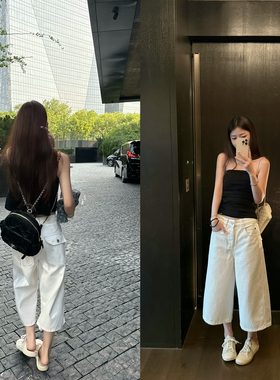 Here yaya shop si服口袋牛牛百搭神器显腿直时髦显高八分牛仔裤