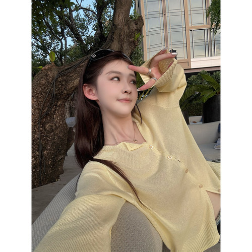 Here yaya shop 无缝一体茉莉奶白刚随意ji简风天蚕麻凉凉小开衫