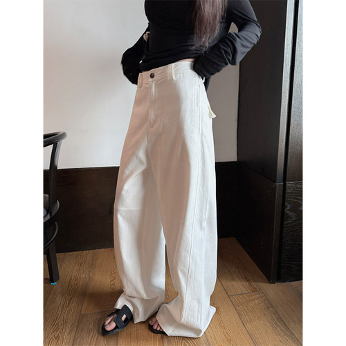 Here yaya shop 私服推荐时髦高品质天丝显腿直宽松白色工装裤女